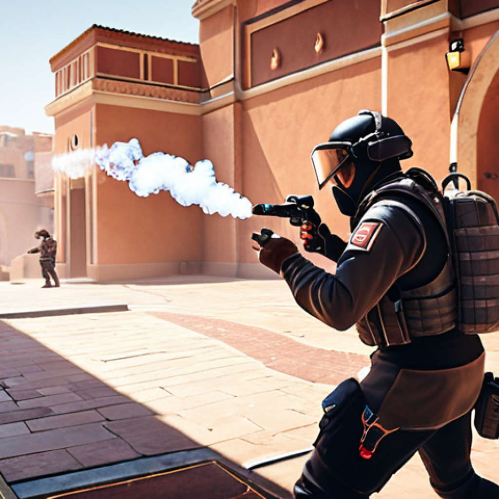 **Prompt:** A Valorant player strategically placing a smoke grenade at the B Main entrance on Bind, with a teammate watching from Hookah, illustrating effective chokepoint control. The scene should convey a sense of tactical advantage and disruption of enemy attack patterns.