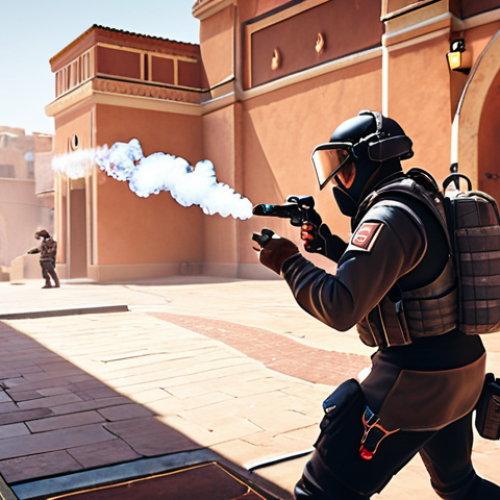 Home 23 **Prompt:** A Valorant player strategically placing a smoke grenade at the B Main entrance on Bind, with a teammate watching from Hookah, illustrating effective chokepoint control. The scene should convey a sense of tactical advantage and disruption of enemy attack patterns.