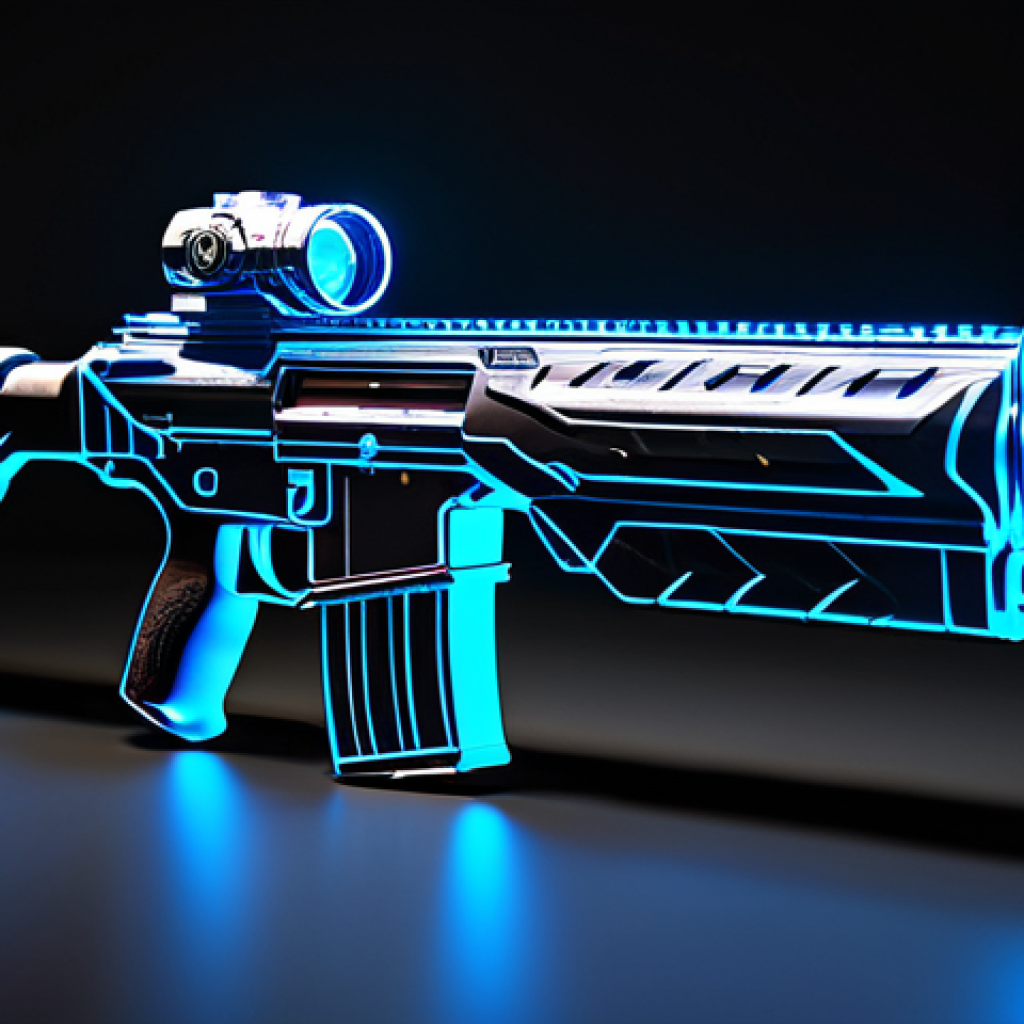 A hyper-detailed, futuristic rifle skin, designed with intricate glowing patterns that subtly shift and pulse, emanating a vibrant, ethereal energy. The weapon features custom, advanced visual effects and unique, transformative animations frozen in motion. It is presented against a clean, dark, minimalist background with subtle volumetric lighting, highlighting its complex design. The object is rendered with exceptional clarity and precision. High-resolution professional product photography, sharp focus, intricate details, studio lighting, high quality render, safe for work, appropriate content, professional, family-friendly.
