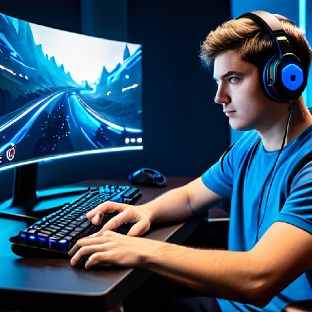 A professional young adult gamer, depicted in a state of intense concentration, wearing a modest, branded esports jersey and a high-quality gaming headset. They are seated comfortably at a sleek, futuristic gaming desk with multiple monitors, displaying abstract, tactical game interfaces. Subtle, luminous sound waves and analytical data streams visually emanate from the headset and around the player, symbolizing advanced audio processing and spatial awareness. The background is a contemporary, dimly lit gaming room with controlled ambient lighting. The subject is fully clothed in professional dress, appropriate attire, safe for work, perfect anatomy, correct proportions, natural pose, well-formed hands, proper finger count, natural body proportions, family-friendly, high quality professional photography.