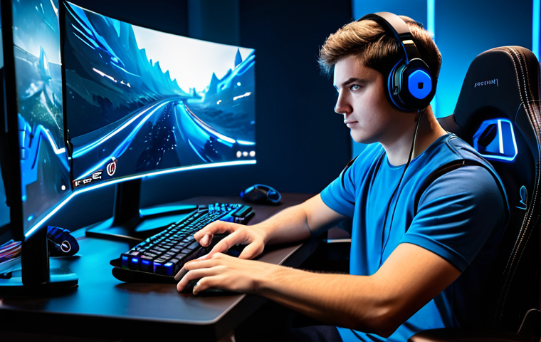 A professional young adult gamer, depicted in a state of intense concentration, wearing a modest, branded esports jersey and a high-quality gaming headset. They are seated comfortably at a sleek, futuristic gaming desk with multiple monitors, displaying abstract, tactical game interfaces. Subtle, luminous sound waves and analytical data streams visually emanate from the headset and around the player, symbolizing advanced audio processing and spatial awareness. The background is a contemporary, dimly lit gaming room with controlled ambient lighting. The subject is fully clothed in professional dress, appropriate attire, safe for work, perfect anatomy, correct proportions, natural pose, well-formed hands, proper finger count, natural body proportions, family-friendly, high quality professional photography.
