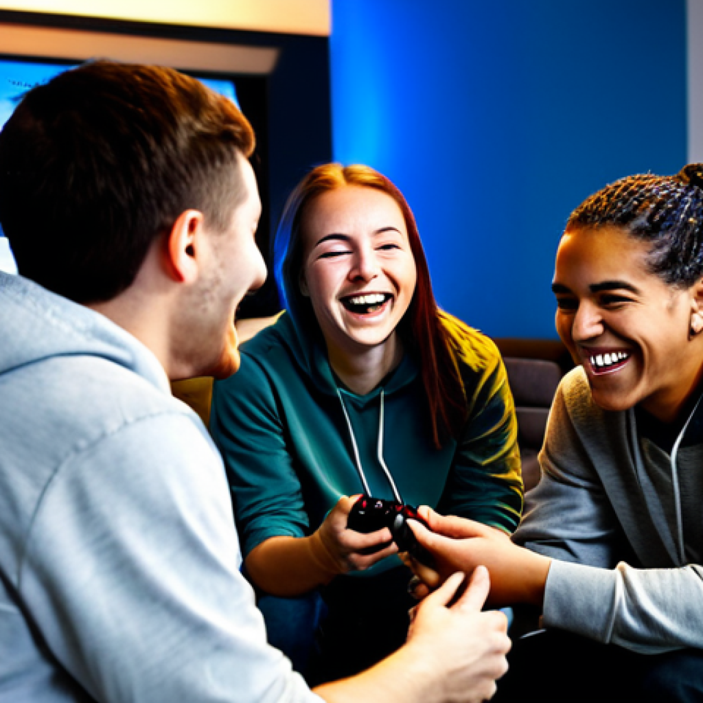 A diverse group of young adults, fully clothed in modest, comfortable attire like hoodies and t-shirts, gathered in a modern, well-lit gaming lounge. They are laughing and interacting, some are looking at a shared screen displaying a game, while others are engaged in conversation. The atmosphere is joyful and friendly, showcasing genuine camaraderie and shared enjoyment. Bright, inviting lighting. Perfect anatomy, correct proportions, natural pose, well-formed hands, proper finger count, natural body proportions. Professional photography, high quality, safe for work, appropriate content, family-friendly.