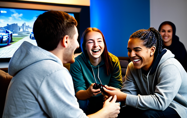 A diverse group of young adults, fully clothed in modest, comfortable attire like hoodies and t-shirts, gathered in a modern, well-lit gaming lounge. They are laughing and interacting, some are looking at a shared screen displaying a game, while others are engaged in conversation. The atmosphere is joyful and friendly, showcasing genuine camaraderie and shared enjoyment. Bright, inviting lighting. Perfect anatomy, correct proportions, natural pose, well-formed hands, proper finger count, natural body proportions. Professional photography, high quality, safe for work, appropriate content, family-friendly.