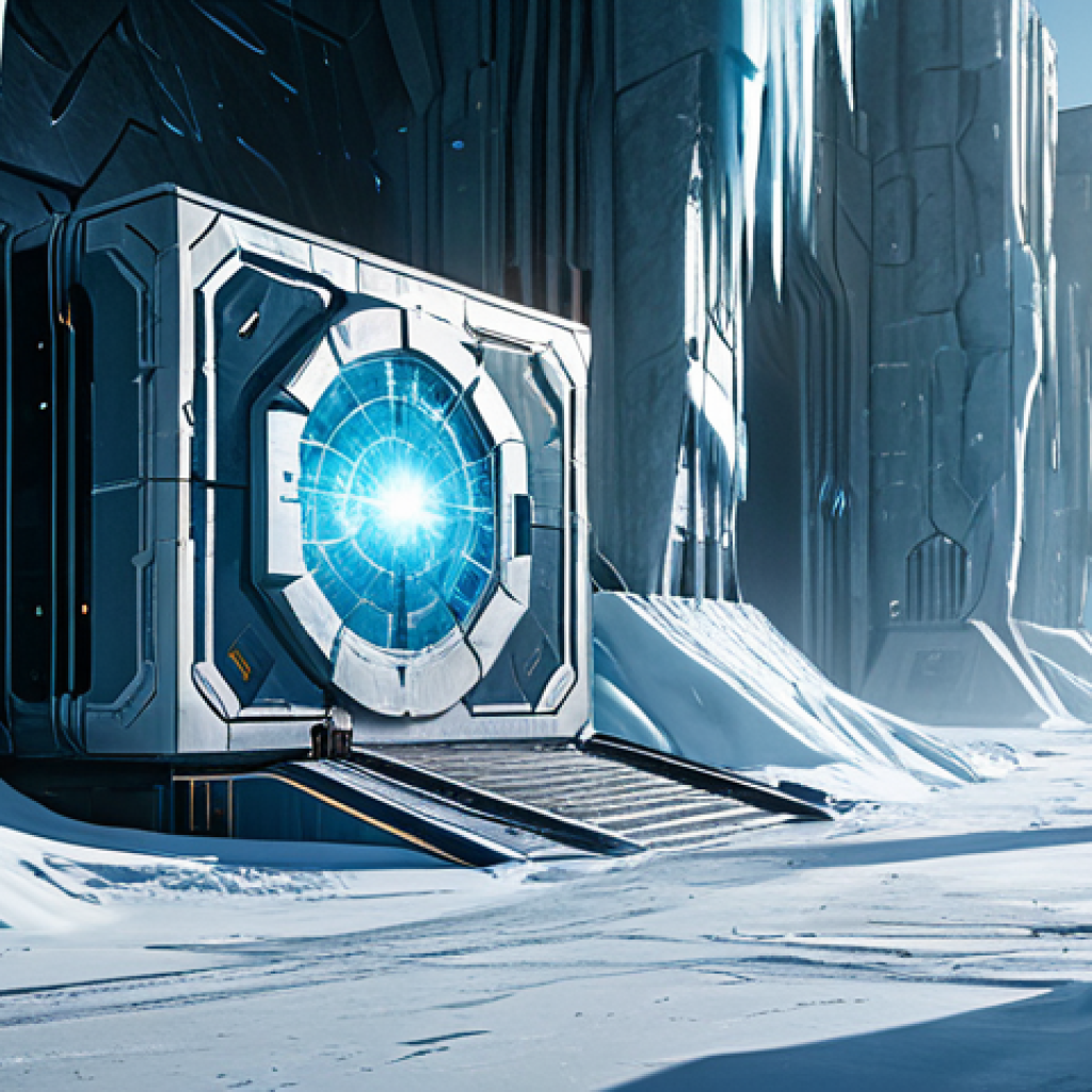 A highly detailed, atmospheric shot of a futuristic research facility nestled within a vast, icy landscape, inspired by Valorant's Icebox map. Subtly etched onto a colossal ice wall are faint, glowing cryptic symbols, hinting at hidden lore. In the far distance, a mysterious, shattered orb hovers, emitting an ethereal light. The environment showcases a blend of advanced technology and imposing, natural ice formations, conveying a sense of unanswered questions and profound secrets. The scene is rendered with sharp focus, cinematic lighting, and professional quality. safe for work, appropriate content, fully clothed, professional, family-friendly.