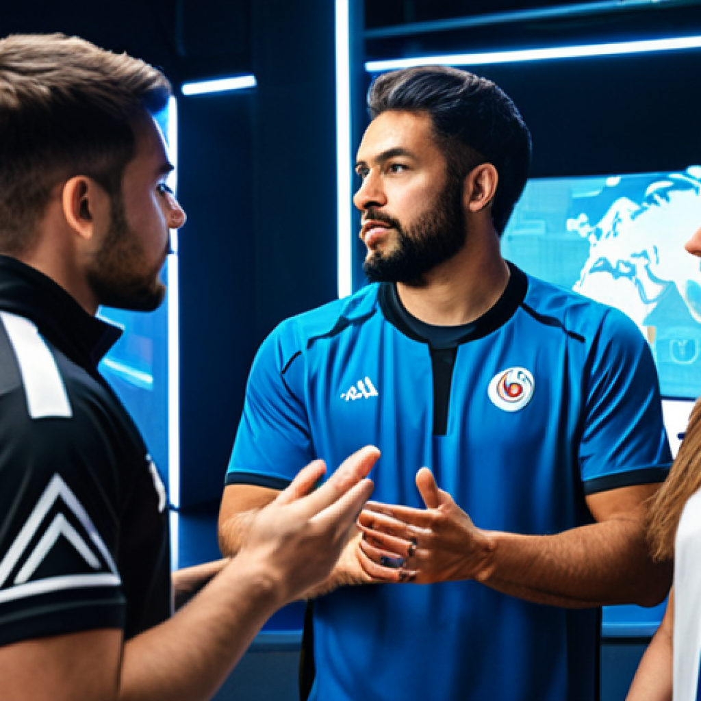 A diverse group of professional esports athletes, fully clothed in modest team jerseys, gathered around a large, transparent tactical display showing complex game strategies in a sleek, modern esports training facility. Their expressions convey intense focus and collaborative discussion, with hands gesturing towards the screen to emphasize points. The environment is clean and brightly lit, reflecting a professional atmosphere. safe for work, appropriate content, fully clothed, professional, perfect anatomy, correct proportions, natural pose, well-formed hands, proper finger count, natural body proportions, high quality, studio photography.