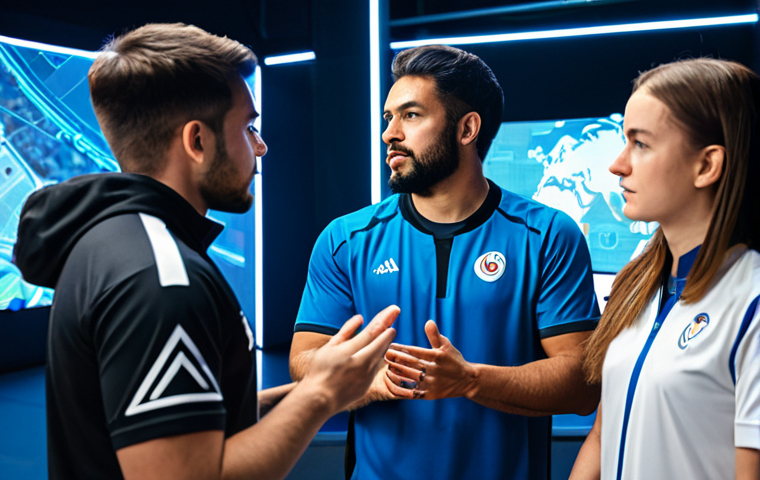 A diverse group of professional esports athletes, fully clothed in modest team jerseys, gathered around a large, transparent tactical display showing complex game strategies in a sleek, modern esports training facility. Their expressions convey intense focus and collaborative discussion, with hands gesturing towards the screen to emphasize points. The environment is clean and brightly lit, reflecting a professional atmosphere. safe for work, appropriate content, fully clothed, professional, perfect anatomy, correct proportions, natural pose, well-formed hands, proper finger count, natural body proportions, high quality, studio photography.