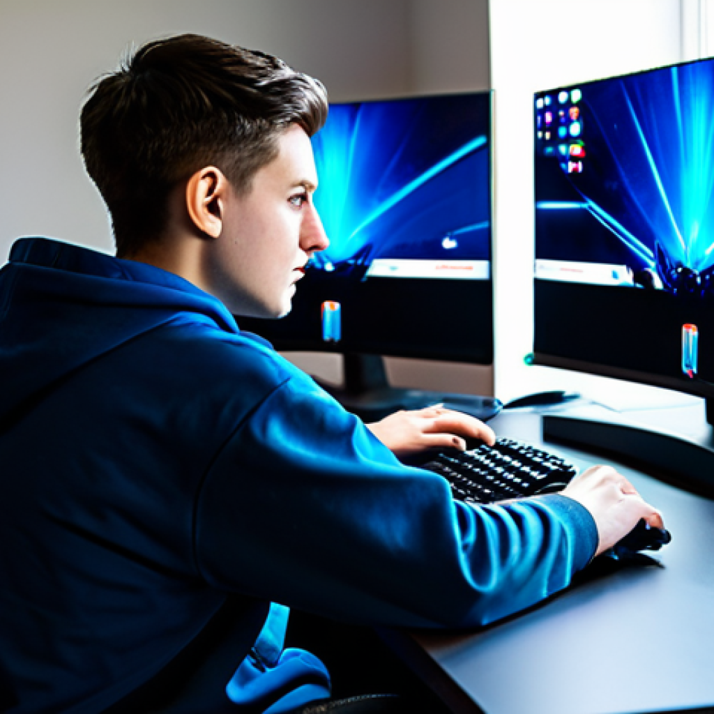 A young adult esports fan, fully clothed in comfortable, modest casual wear, seated at a modern gaming desk. They are focused intently on a large monitor displaying a professional Valorant esports match. The clean, well-lit gaming room or home office setup features subtle gaming peripherals. The background is slightly blurred to emphasize the subject and screen. The fan has a look of focused engagement and subtle anticipation. The screen shows a vibrant, action-packed Valorant scene. Professional photography, high detail, vibrant colors, soft lighting, safe for work, appropriate content, fully clothed, modest clothing, professional, perfect anatomy, correct proportions, natural pose, well-formed hands, proper finger count, natural body proportions.