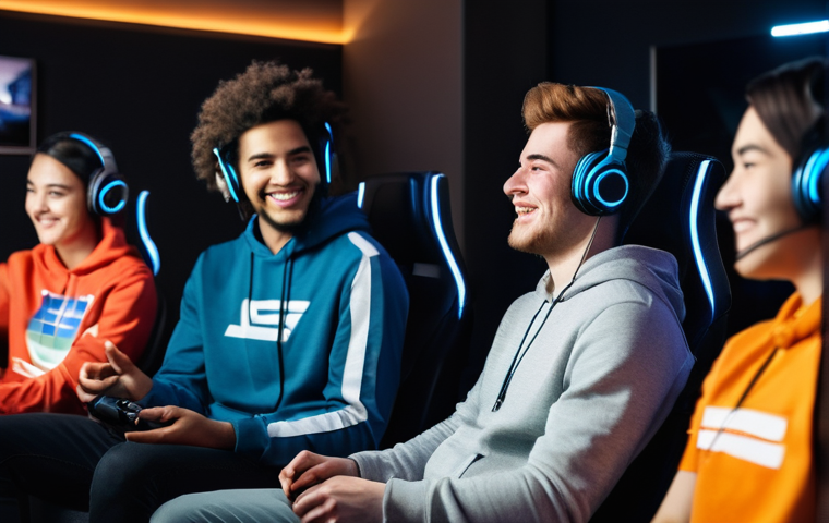 발로란트 경기 중 채팅 예절 - **Prompt: The Positive Start**
"A diverse group of four young adult gamers, two male and two fem...