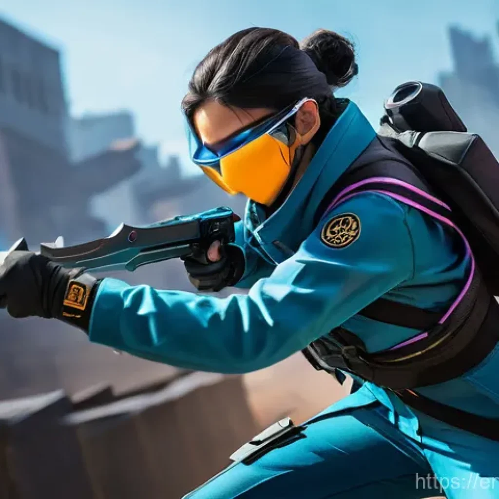 발로란트 초보를 위한 경기 방식 - A dynamic, action-shot of Jett, a nimble Valorant duelist, mid-dash as she entry-frags into a bombsi...