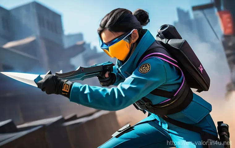 발로란트 초보를 위한 경기 방식 - A dynamic, action-shot of Jett, a nimble Valorant duelist, mid-dash as she entry-frags into a bombsi...