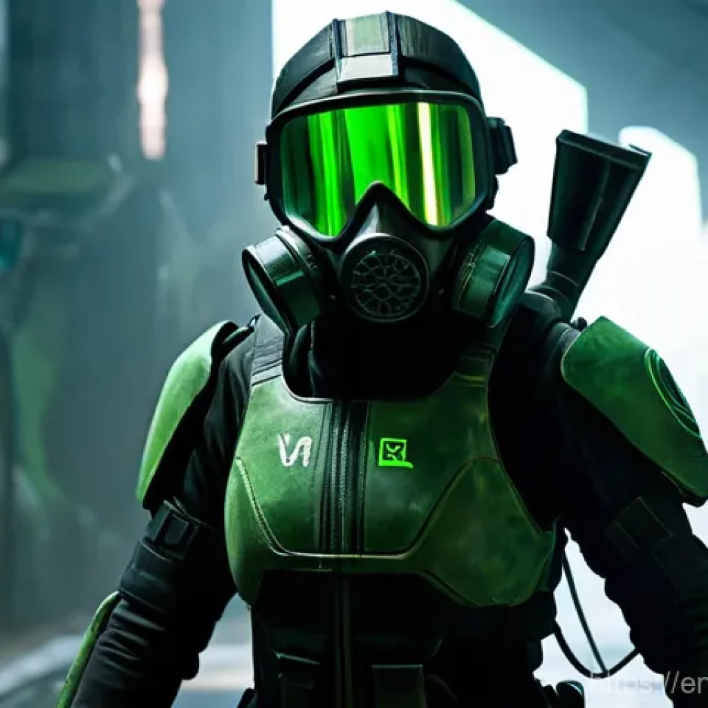 발로란트 신규 맵 투어 - **Viper Dominating Site B:**
A female agent, Viper, in her full combat suit and gas mask, stands...