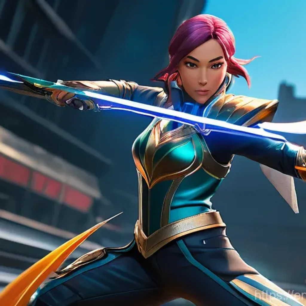 발로란트 경쟁전에서의 혁신적 접근 - A female duelist character, Jett from Valorant, is shown in a dynamic, mid-action pose on the map Lo...