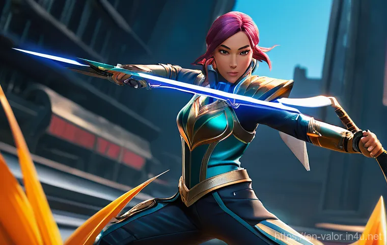 발로란트 경쟁전에서의 혁신적 접근 - A female duelist character, Jett from Valorant, is shown in a dynamic, mid-action pose on the map Lo...