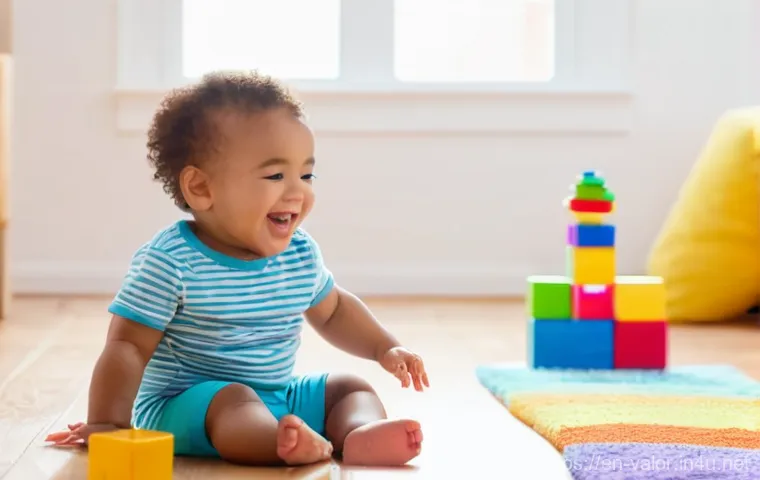 발로란트 초보자와 숙련자 차이 - A cheerful toddler, approximately 18 months old, giggling as they sit on a soft, plush rug. They are...