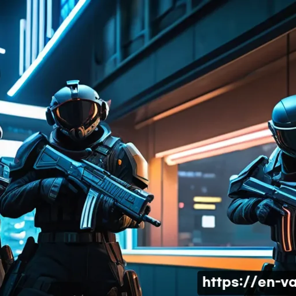 발로란트 새로운 콘텐츠 아이디어 - **Prompt:** A dynamic, wide-angle shot of four diverse Valorant agents (e.g., Jett, Omen, Sage, Kill...