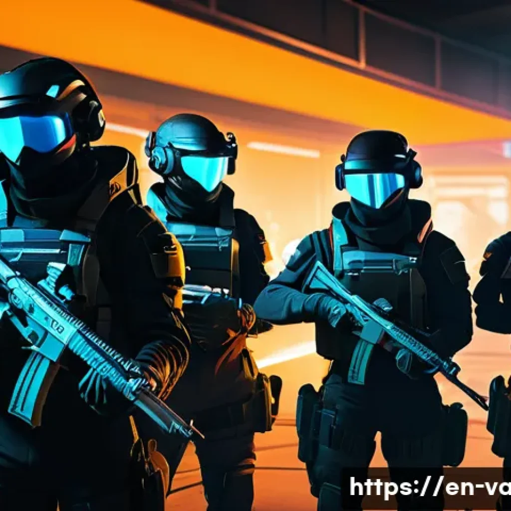 발로란트 게임 내 경제 시스템 - A dynamic in-game Valorant scene showing a coordinated team buy phase inside a futuristic urban map....