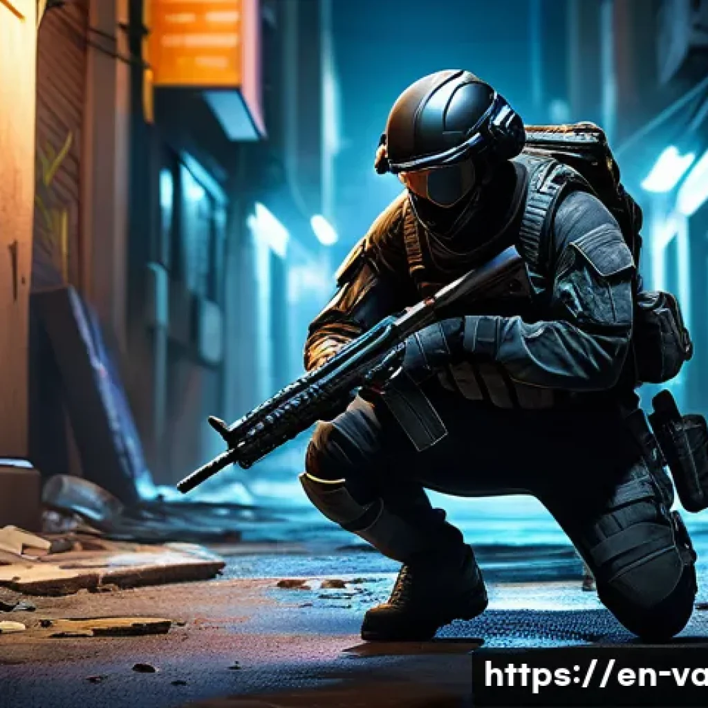 발로란트 초보자가 알아야 할 요소 - A dynamic action scene of a tactical first-person shooter player character wearing lightweight, futu...