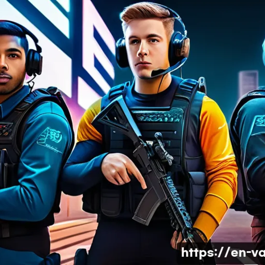 발로란트 새로운 모드의 매력 - A dynamic tactical team of five diverse esports players in modern combat gear and tactical vests, ac...