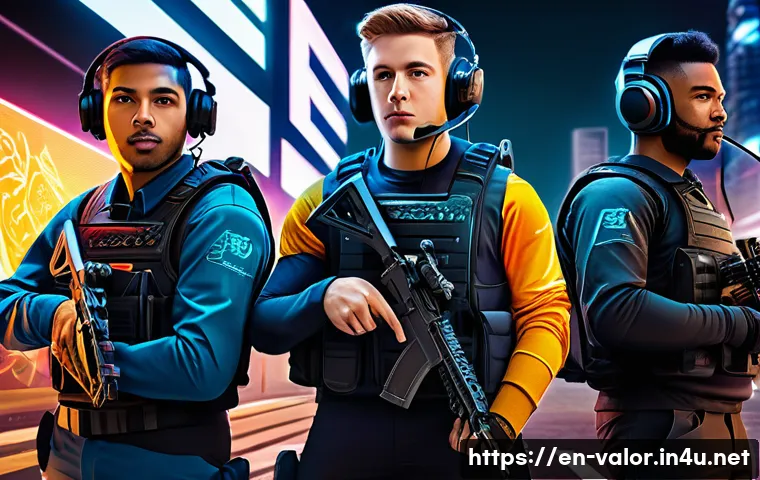 발로란트 새로운 모드의 매력 - A dynamic tactical team of five diverse esports players in modern combat gear and tactical vests, ac...