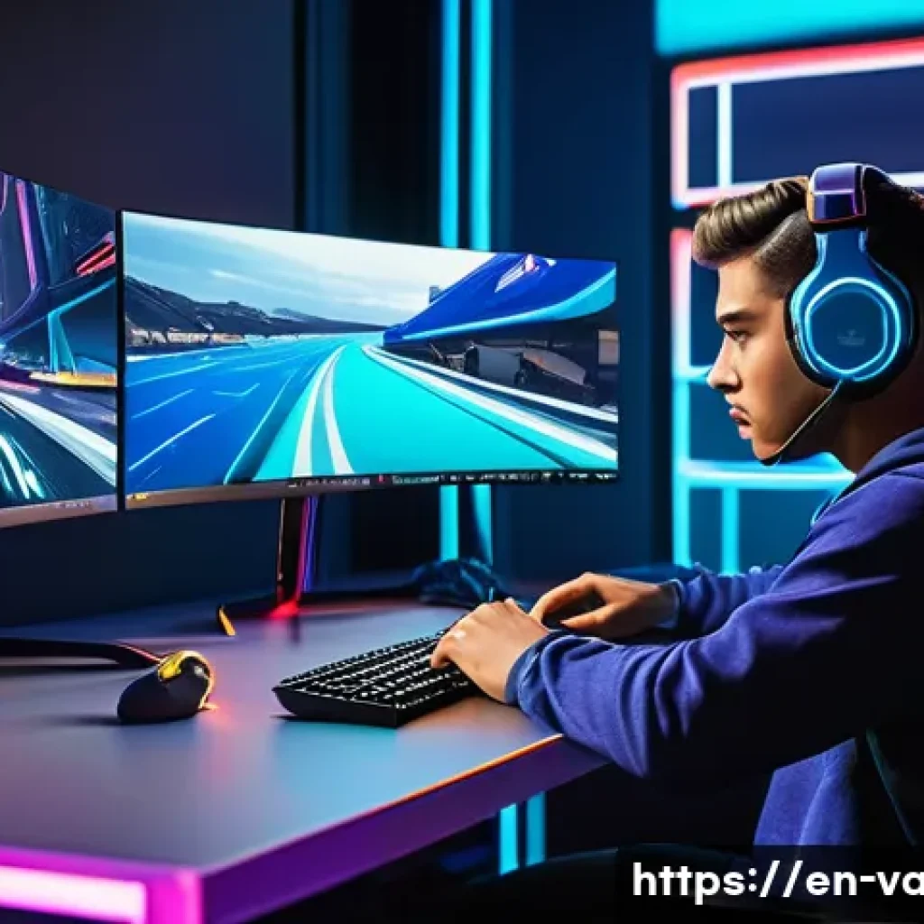 발로란트 유저 기반 콘텐츠 제작 - A dynamic digital artwork of a young esports content creator streaming Valorant gameplay from a mode...