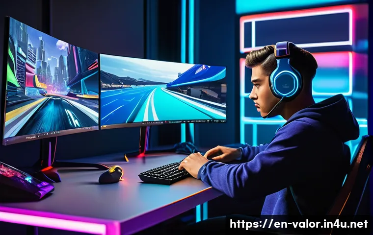 발로란트 유저 기반 콘텐츠 제작 - A dynamic digital artwork of a young esports content creator streaming Valorant gameplay from a mode...