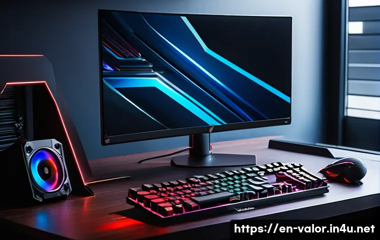 발로란트 최적 그래픽 설정법 - A high-end gaming setup showcasing a sleek desktop PC with RGB lighting, a large 240Hz monitor displ...