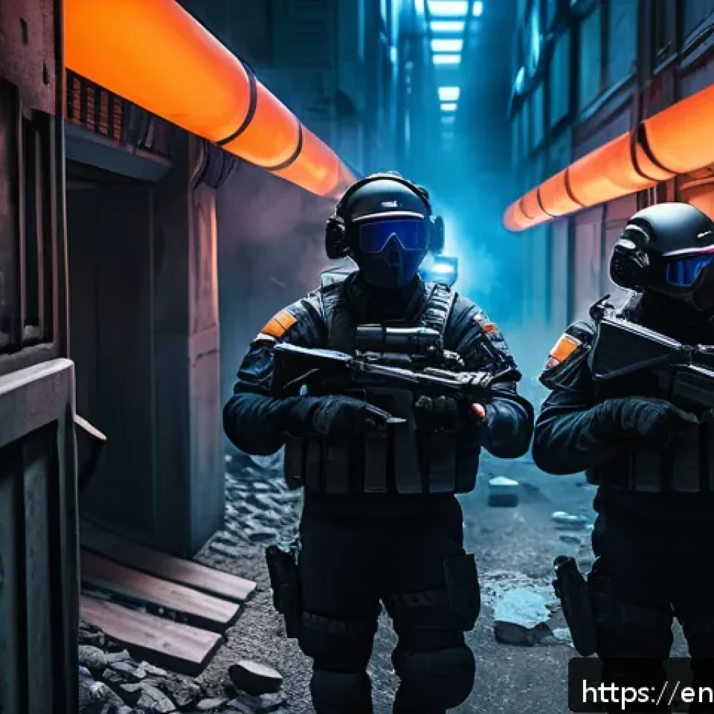발로란트 맵 디자인의 중요성 - A detailed, dynamic scene of a tactical esports shooter map chokepoint, showing a narrow corridor wi...