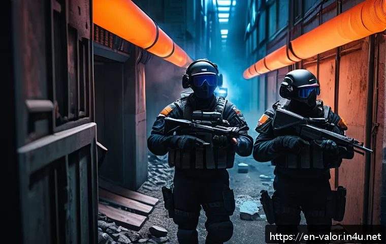 발로란트 맵 디자인의 중요성 - A detailed, dynamic scene of a tactical esports shooter map chokepoint, showing a narrow corridor wi...