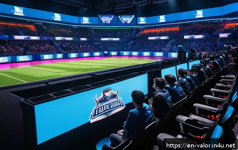 발로란트 e스포츠 이벤트 관람권 - A vibrant esports arena filled with a large enthusiastic crowd watching a live Valorant tournament o...