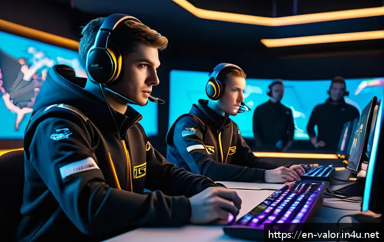 발로란트 승률 통계 분석 - A dynamic esports team huddle in a futuristic gaming arena, featuring five diverse players wearing s...