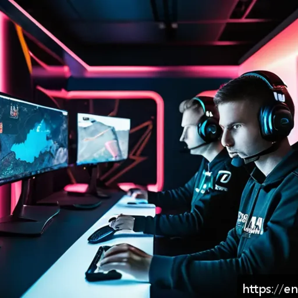 발로란트 라운드 경제 관리법 - A tactical esports team in a dimly lit, high-tech gaming room, intensely coordinating a full buy rou...