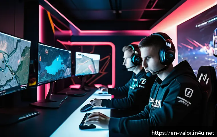 발로란트 라운드 경제 관리법 - A tactical esports team in a dimly lit, high-tech gaming room, intensely coordinating a full buy rou...