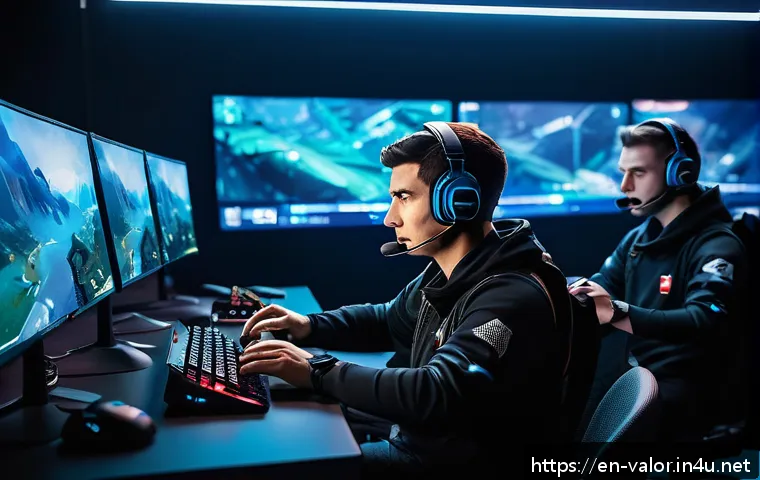 발로란트 라운드 운영 꿀팁 - A dynamic esports team in the middle of a tense Valorant match, featuring a diverse group of players...