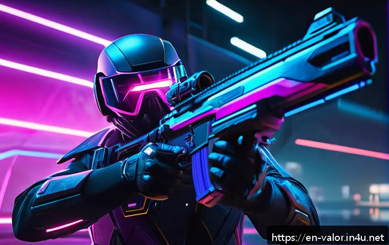 발로란트 스펙트럼 시리즈의 인기 요인 - A futuristic Valorant Spectrum Series weapon skin showcased in a dynamic first-person shooter scene,...