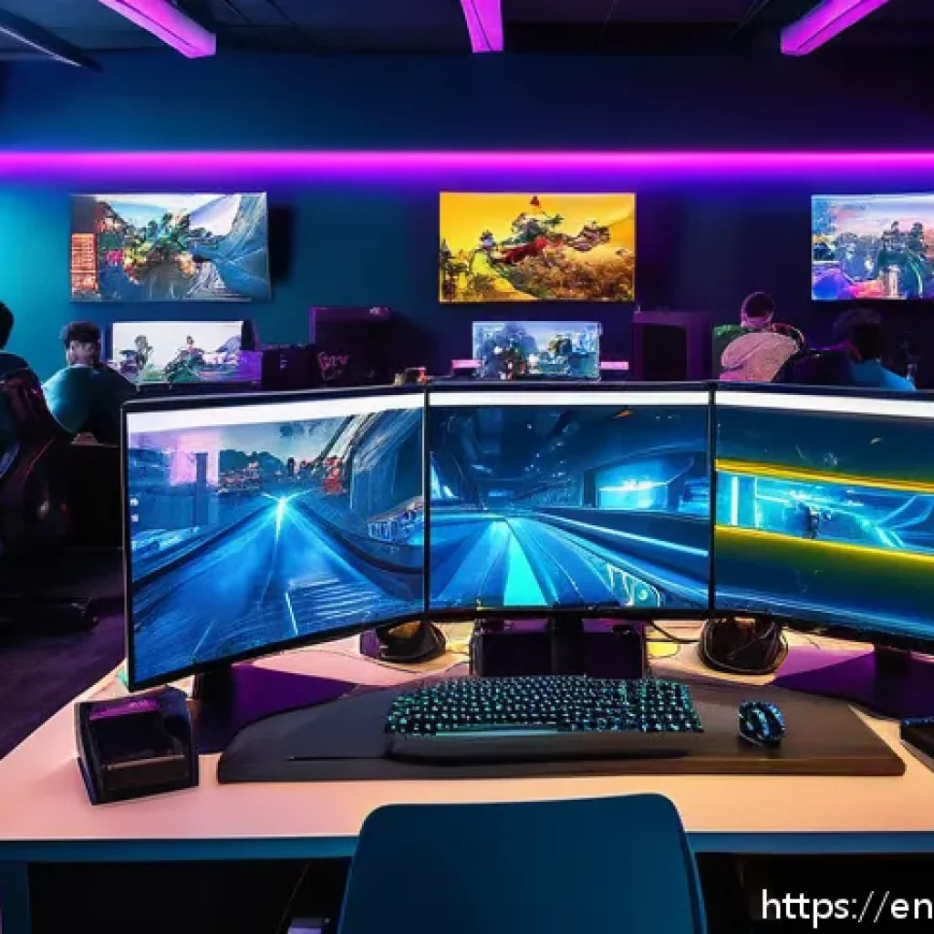 발로란트 PC방 이벤트 참여 - A vibrant PC gaming lounge filled with diverse players intensely focused on Valorant gameplay, illum...