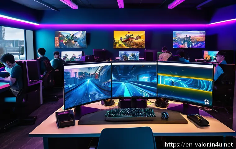 발로란트 PC방 이벤트 참여 - A vibrant PC gaming lounge filled with diverse players intensely focused on Valorant gameplay, illum...
