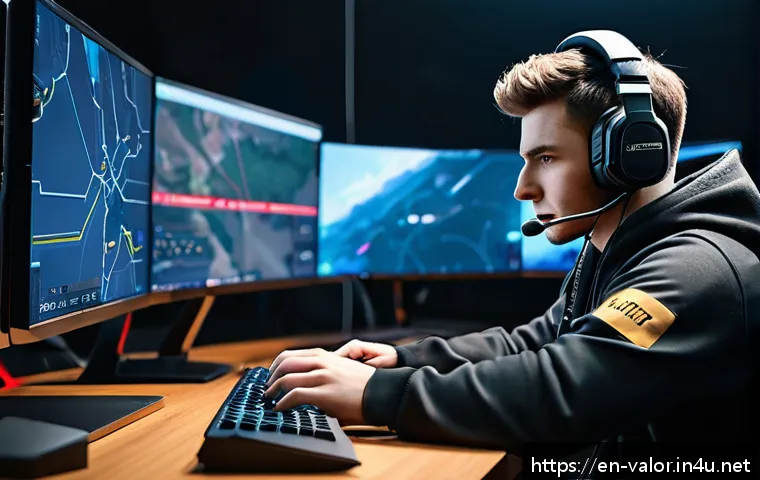 발로란트 인기 스트리머 소개 - A high-energy esports scene featuring a professional Valorant player in mid-game focus, wearing tact...