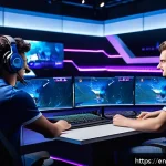 Home 28 발로란트 e스포츠 경기 중계 팁 - A professional esports commentator duo sitting at a sleek, modern broadcast desk surrounded by multi...
