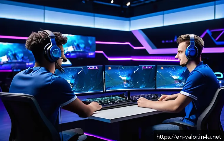 발로란트 e스포츠 경기 중계 팁 - A professional esports commentator duo sitting at a sleek, modern broadcast desk surrounded by multi...