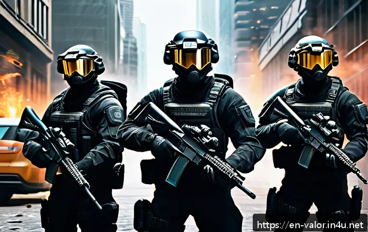 발로란트 게임 내 경제 관리 - A dynamic in-game scene from a tactical first-person shooter showing a diverse team of five fully ge...