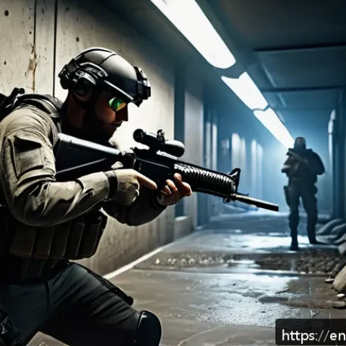 Home 31 발로란트 총기별 사용 빈도 - A dynamic first-person shooter scene set in a dimly lit urban corridor, featuring a tactical player ...