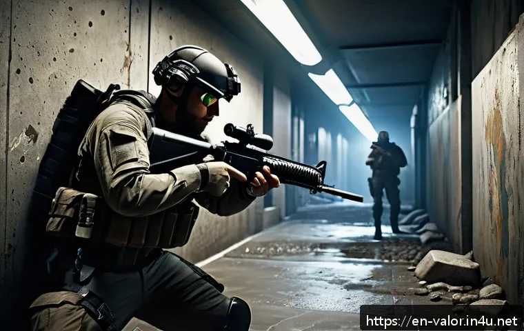 발로란트 총기별 사용 빈도 - A dynamic first-person shooter scene set in a dimly lit urban corridor, featuring a tactical player ...