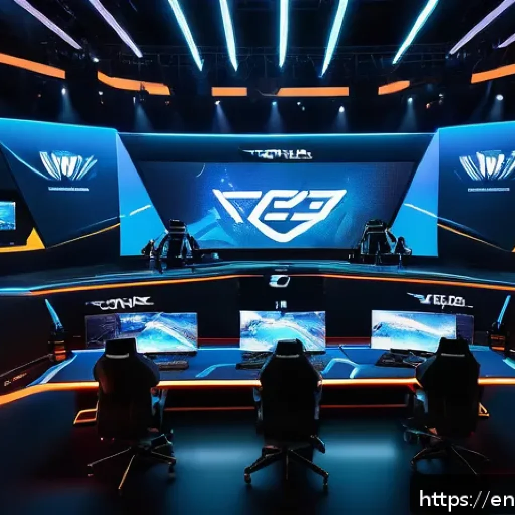 발로란트 레벨업 빠른 방법 - A dynamic esports team in a high-tech gaming arena, focused and communicating intensely while coordi...