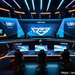 Home 18 발로란트 레벨업 빠른 방법 - A dynamic esports team in a high-tech gaming arena, focused and communicating intensely while coordi...