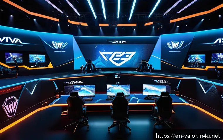발로란트 레벨업 빠른 방법 - A dynamic esports team in a high-tech gaming arena, focused and communicating intensely while coordi...