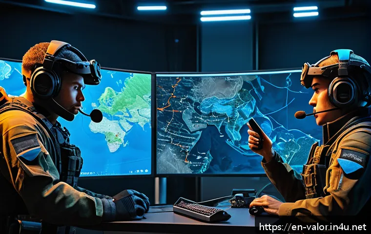 발로란트 신규 유저와의 협력 전략 - A dynamic in-game tactical scene from a first-person shooter game, showing a diverse team of four pl...