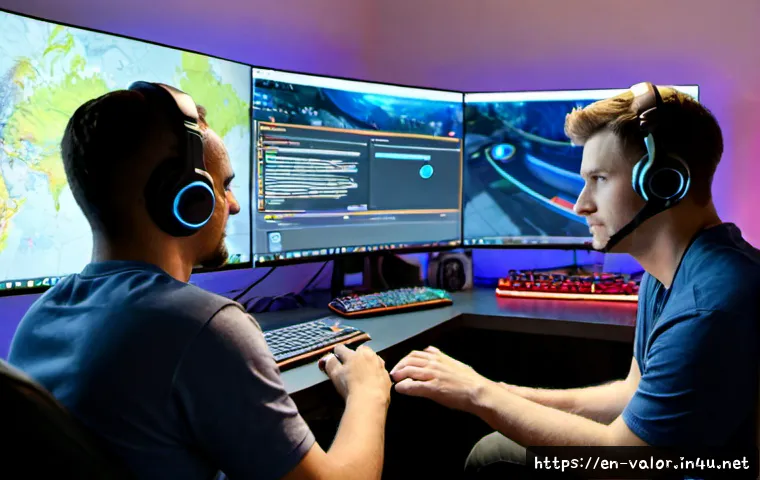 Home 17 발로란트 듀오 플레이 전략 - Photorealistic esports duo strategy scene, two focused adult friends seated side by side at a clean ...