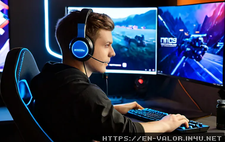발로란트 추천 유튜브 채널 - Photorealistic home gaming studio, friendly young adult esports fan wearing headphones watching a co...