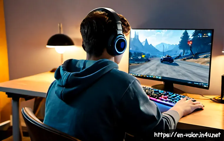 발로란트 신규 유저 경험담 - Photorealistic home gaming setup, a young adult beginner wearing casual hoodie and headphones sits a...