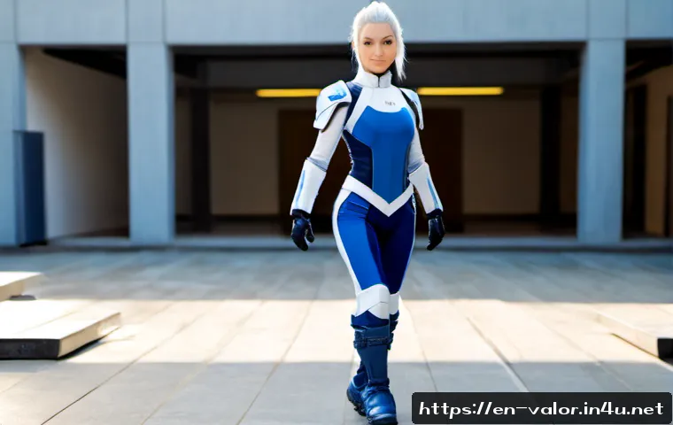 발로란트 인기 코스프레 캐릭터 - Photorealistic full-body cosplay portrait of a confident young adult woman with a short white ponyta...